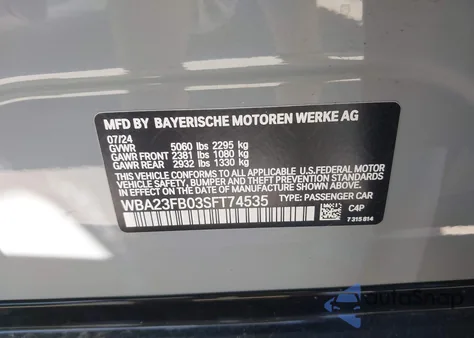 2025 BMW 4 Series Gran Coupe 430I из США, поврежденный, VIN WBA23FB03SFT74535